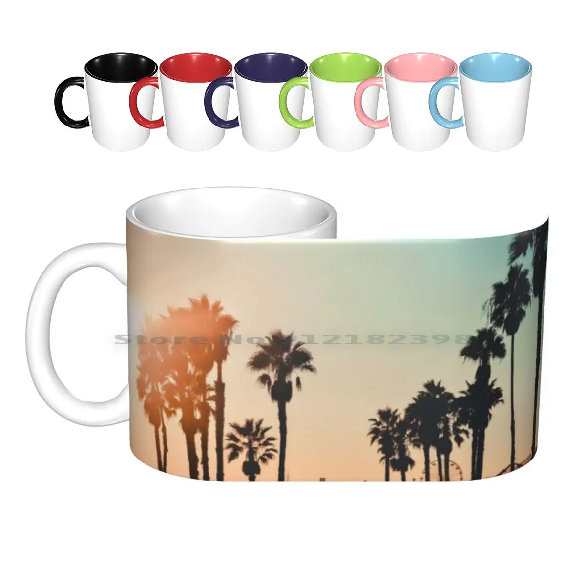 Tazas de cerámica al atardecer de Santa Mónica, tazas de café, té con leche, palmeras de Los ángeles de California, color rosa, menta, verde y azul