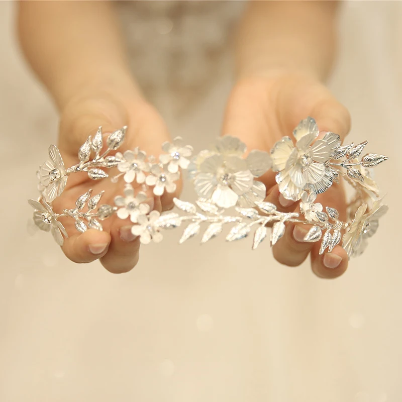 Big Floral Bridal Crown Hair Tiara Silver Color Leaf Wedding Headpiece Handmade Women Party Prom Hairband Hair Jewelry