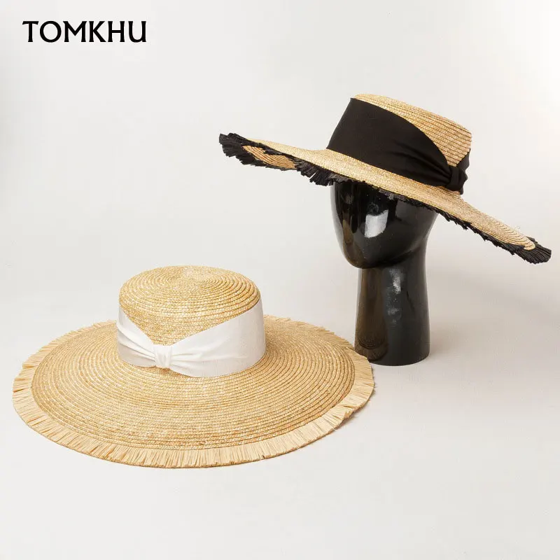 2021 New Summer Beach Hat Female Paper Straw Hat With Ribbon Wide Brim Boater Hats Flat Top Casual Sun Hat For Women Man Panama