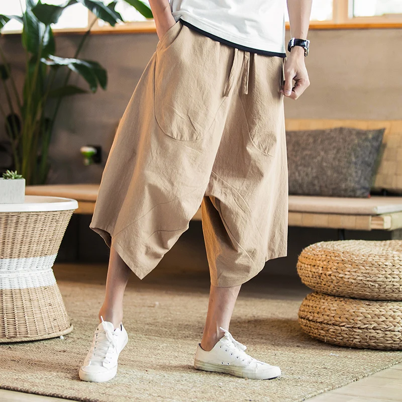 Pantalones bombachos Harajuku para hombre, Pantalón de algodón y lino, estilo chino Vintage, Color sólido, largo hasta la pantorrilla, verano, 2023