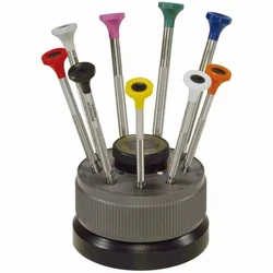 Bergeon 30081-S09 Rotating Stand with 9 Stainless Steel Screwdrivers with Colured Slots for Spare Blades