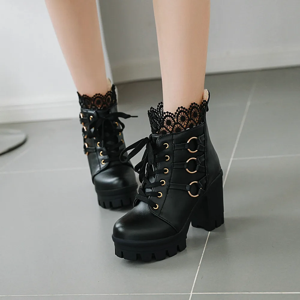 Women Chunky Platform Ankle Boots Lolita Super High Heel Lace Up Boots Sweet Lace Back Zipper Princess Cosplay Shoes Black White