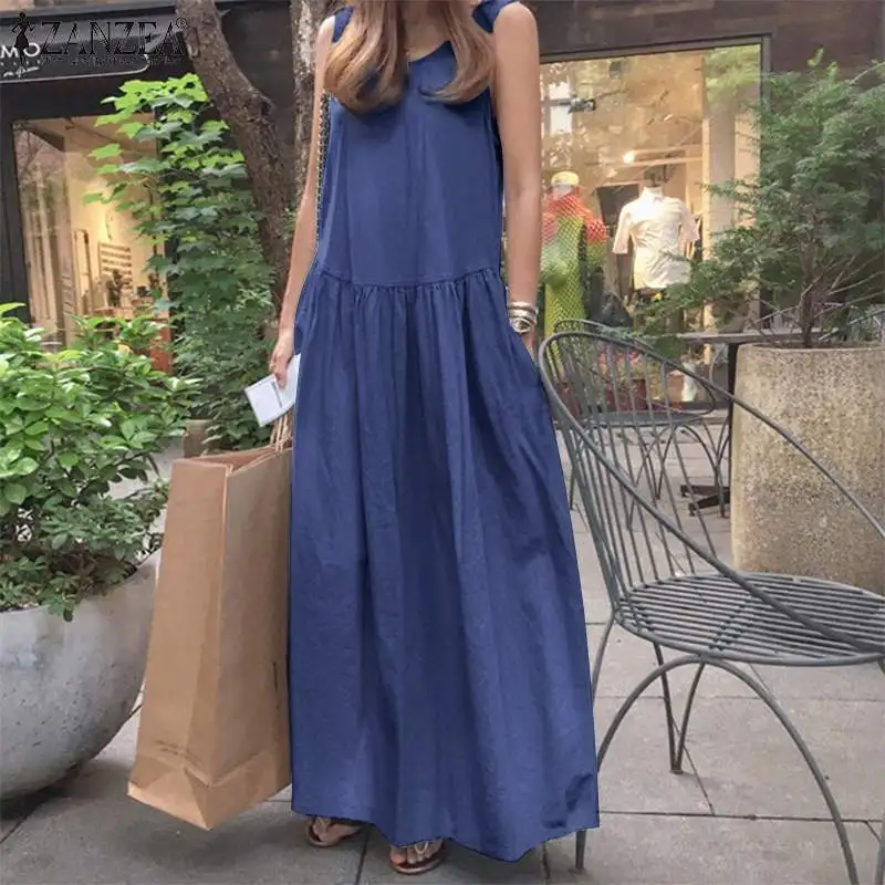 Elegant Denim Blue Dress Women\'s Summer Sundress 2023 ZANZEA Sleeveless Tank Vestidos Female Pleated Beach Robe   7