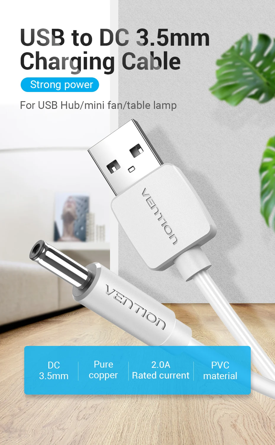 Vention USB auf DC 3,5 mm Stromkabel USB A auf 3,5 Klinkenstecker 5 V Netzteiladapter für Lüfter USB HUB DC 5,5 mm Ladekabel – Detail 1