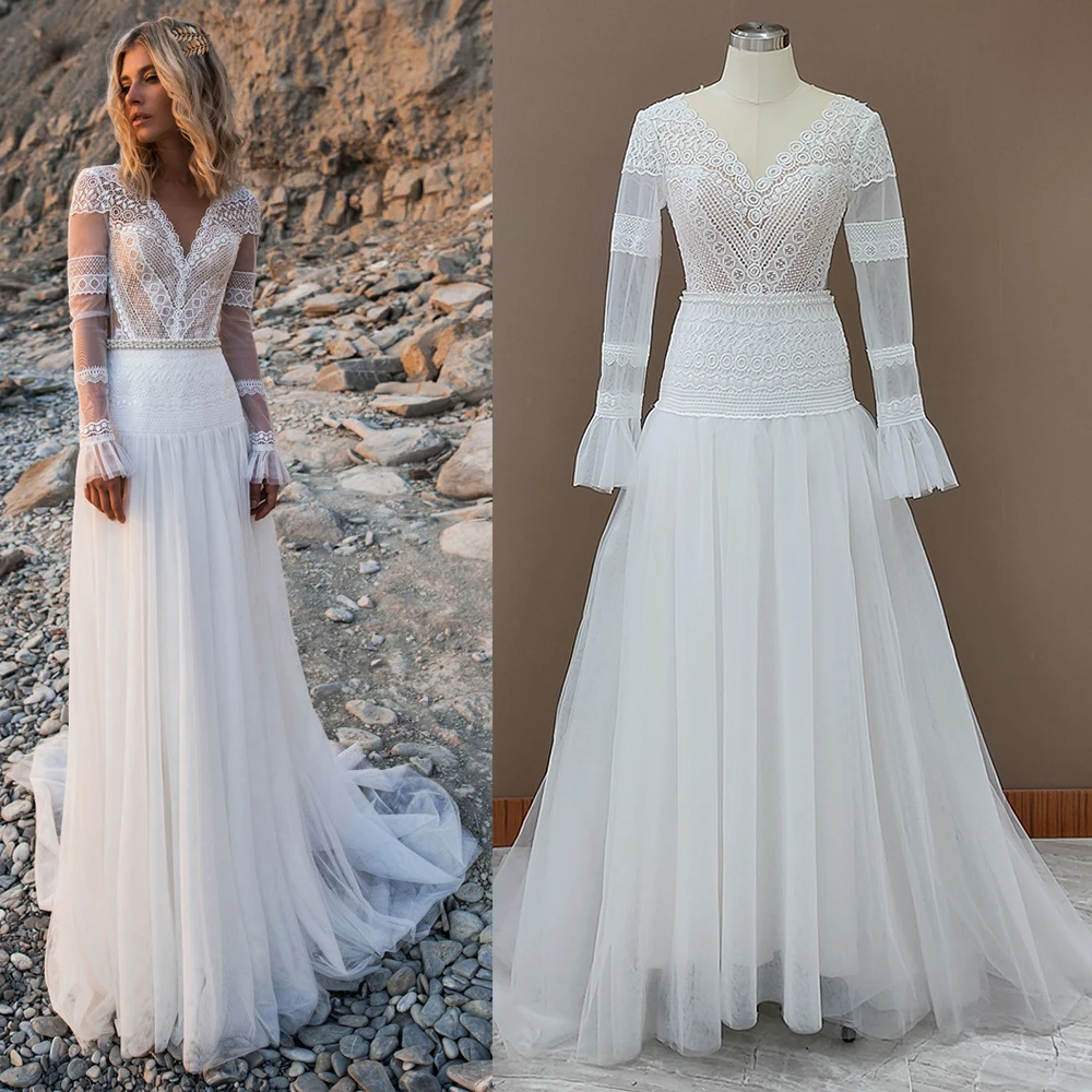 Fotos reais vestidos de casamento boêmios de renda manga longa com pérolas e gola v de tule para praia vestidos de noiva transparentes feitos sob medida