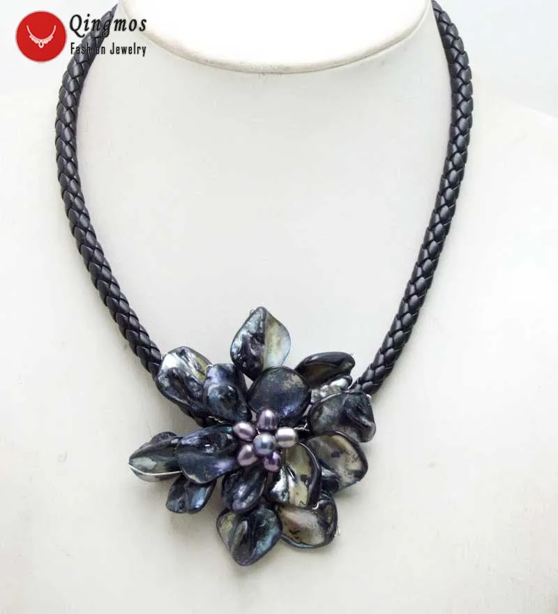 Qingmos 70mm Flower Black Shell Pendant Necklace for Women with Natural Pearl and 6mm Black Leather Rope Necklace 18'' Chokers