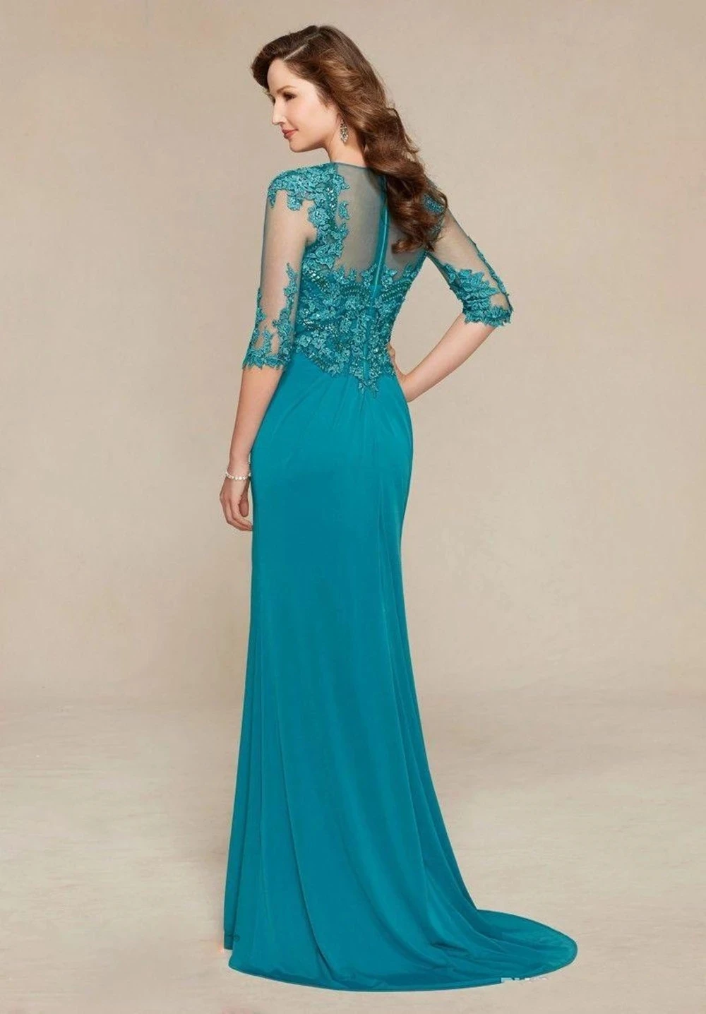 Teal Mother Of The Bride Dresses Mermaid Half Sleeves Appliques Beaded Plus Size Long Groom Mother Dresses Wedding Customized