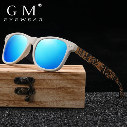 Gafas de sol de madera de bambú Natural GM, lentes con revestimiento de espejo polarizado hecho a mano con caja de regalo, gafas de sol con patrón de templo