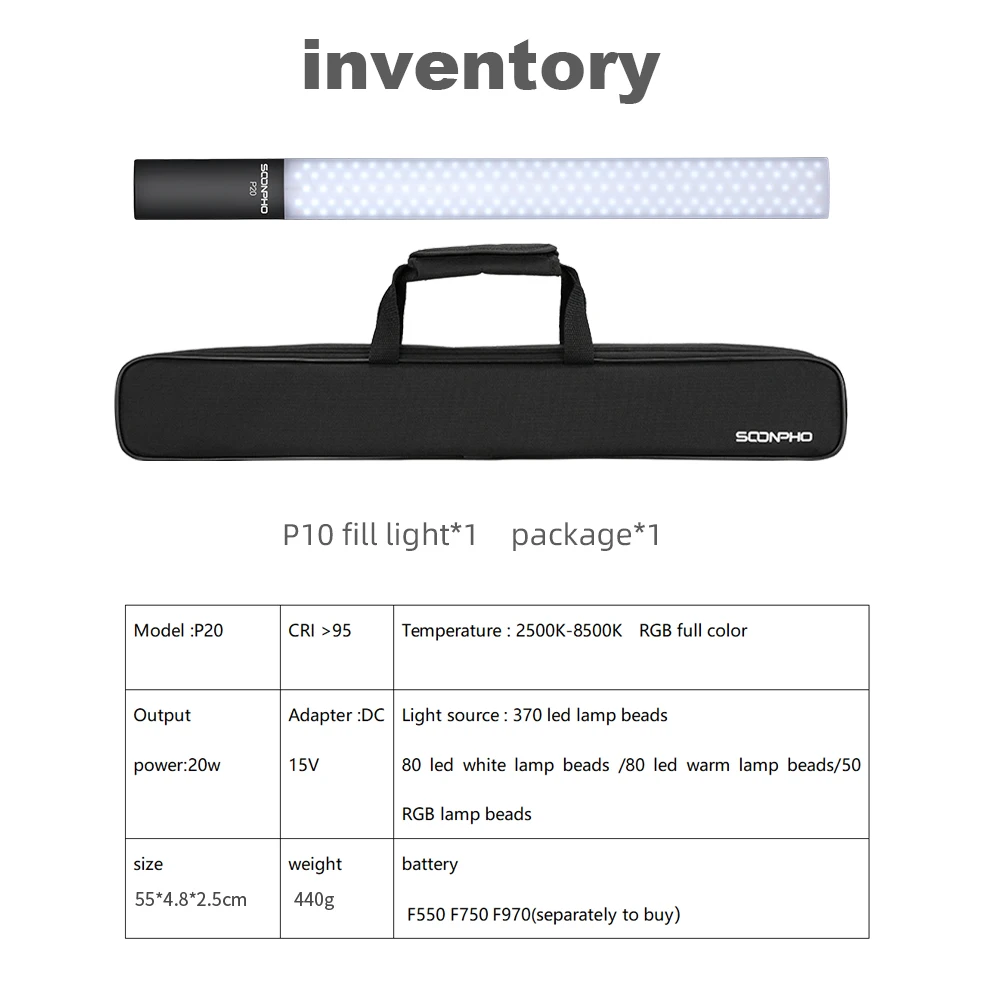 Imagem -04 - Soonpho P20 58 cm Led Stick Rgb Lights com Bateria Npf 750 4400 Mah Iluminação Fotográfica Handheld Video Lamp para Photo Studio