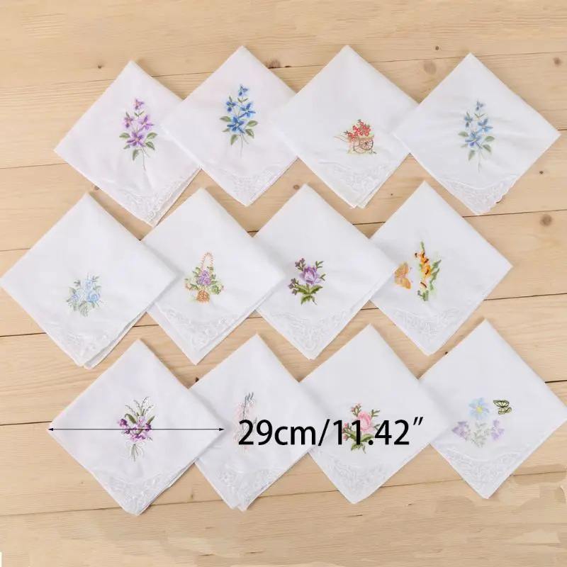 3Pcs/Set Women Basic White Square Handkerchief Floral Embroidered Pocket Hanky B F19B