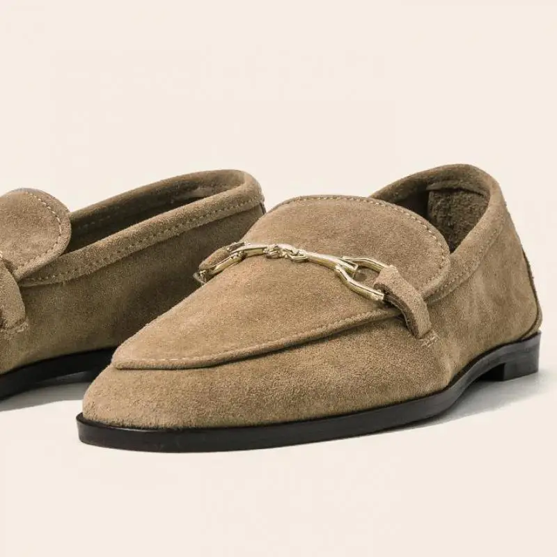 2024 Spring Women\'s Shoes Leisure Flats Loafers Women Suede Leather Retro Soft Bottom Slip-on Single Shoes Metal Decoration