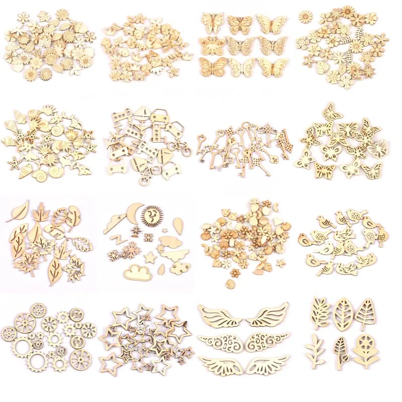 Puces mixtes de feuilles d'animaux/papillons, découpes en bois, embellissements artisanaux, Scrapbooking, décoration artistique en bois pour mariage mt2520