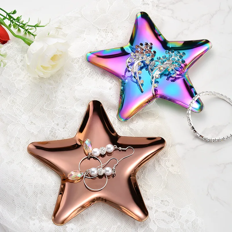 Five Pointed Star สแตนเลสสตีลเดสก์ท็อปเครื่องประดับถาด Multicolor ผลไม้เครื่องประดับเครื่องสำอางค์เก็บอาหารแผ่นกระทะจาน