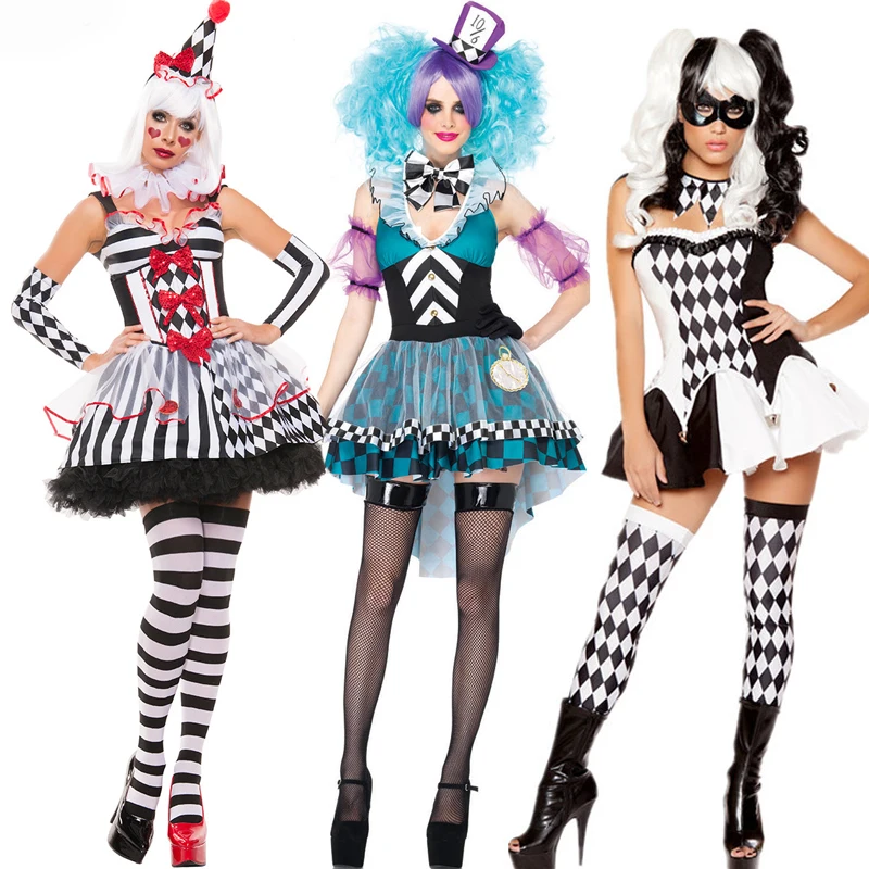 2021 Halloween Adult Funny Circus Clown Costume For Women Grid Irregular Mini Dress Naughty Harlequin Uniform Female Costume