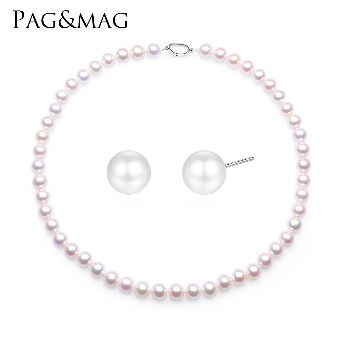 PAG-MAG S925 Pure Silver Dollar Buckle Natural 8-9mm Bright Positive Round Pearl Necklace Set With Ear Nails