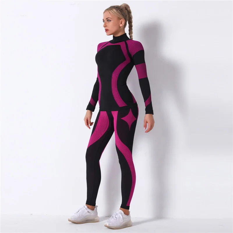 Women 2pcs Seamless Set Sport Suit Gymwear Workout Clothes Long Sleeve Gym Top High Waist Leggings Fitness Women Sets