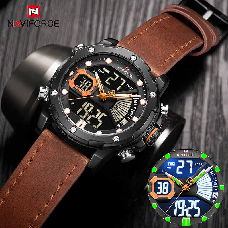 Luxury Watches for Men NAVIFORCE Digital Chronograph Quartz Alarm Clock Military Sport Waterproof Leather Strap Wrist Watch Male