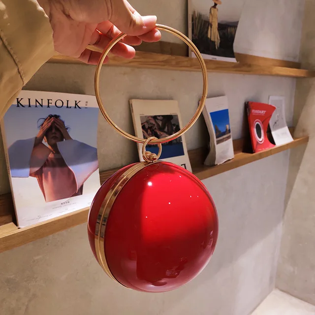 Cute Lovely Funny Bag Gold Clutch Red Ball Shaped Evening Bag Ladies Handbag Women Round Shoulder Wedding Bag