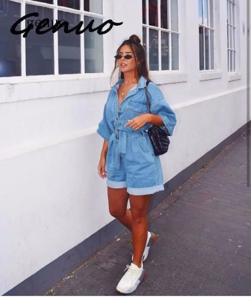 Women Casual Summer Denim Romper High Waist Jeans Overall BF Wide Leg Jumpers Lapel Pocket Shorts Jumpsuit Playsuit Jumpsuits