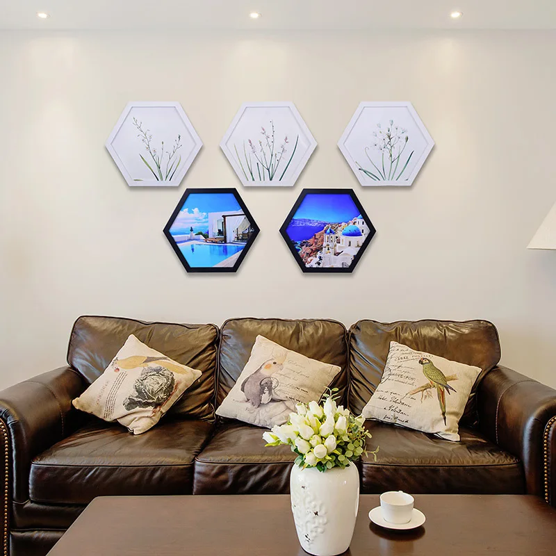 6-10 Inch Nordic Simple Hexagon Photo Frame  Multilateral Wooden Frame Living Room Picture Wall Decor Mount Photo Frames To The