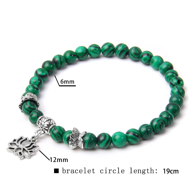 6mm Malachite Stone Bracelet Natural Stone Lilac Beads Bracelet Silver Color Lotus Charm Pendant Bracelet Women Men Jewelry Gift