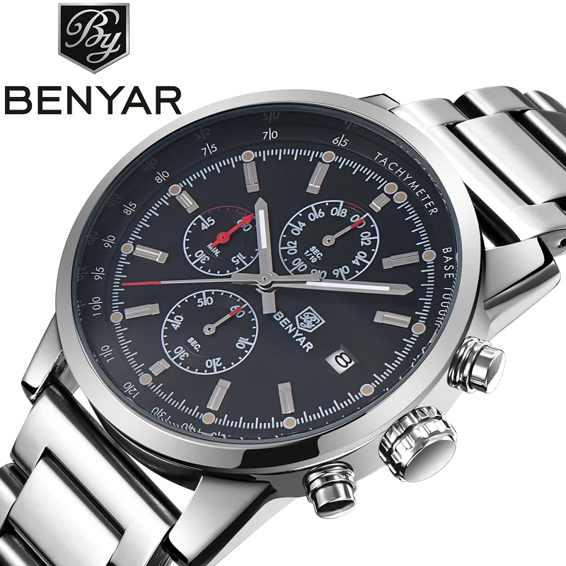 

BENYAR Original Watches Mens Top Luxury Brand Chronograph Sport Military Leather Clock Quartz Steel Wristwatch Relogio Masculino