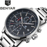 BENYAR Original Watches Mens Top Luxury Brand Chronograph Sport Military Leather Clock Quartz Steel Wristwatch Relogio Masculino