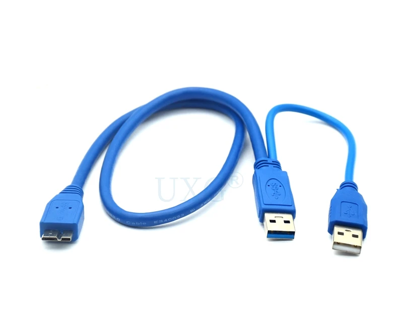 Blue & Black USB 3.0 Dual Power Y Shape 2 X Type A to Micro B Super Speed Cable External Hard Drives Extension Wire Connector