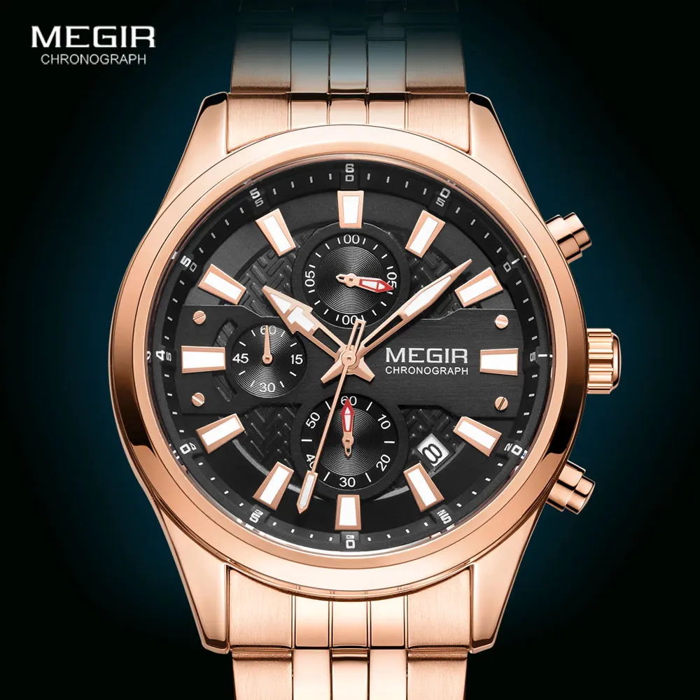 MEGIR Men\'s Watches 2020 Luxury Top Brand Wristwatch for Men Rose Gold Stainless Steel Strap Chronograph Quartz Watch Waterproof