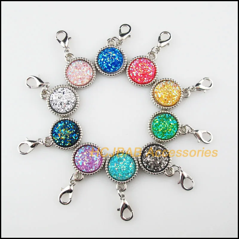 10Pcs Dull Silver Plated Round Circle Frame Mixed Resin Charms Pendants With Lobster Claw Clasps 15.5x19mm