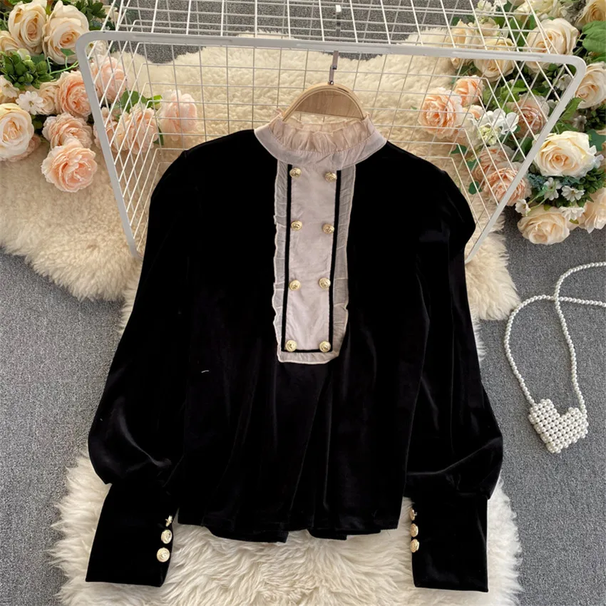 New Women Gold Velvet Blouse Girl Mesh Patchwork Shirt Spring Long Sleeve Palace Blousas Basic Tops Pullovers Bottomings WZ1305