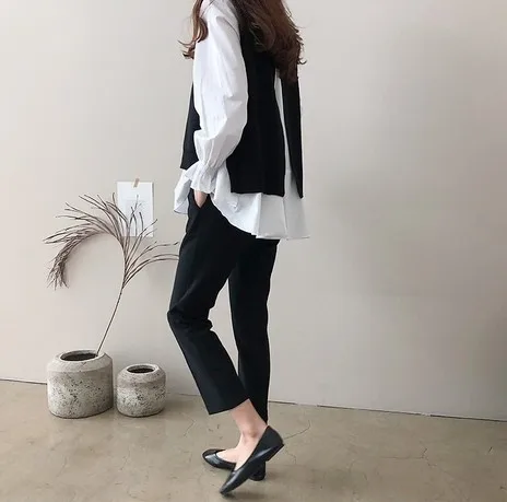 2022 Autumn Women white Ruffled Long Sleeve Shirt+ black O-Neck Pullover Sleeveless Vest Office Casual Knitted Vest 2 Piece Set