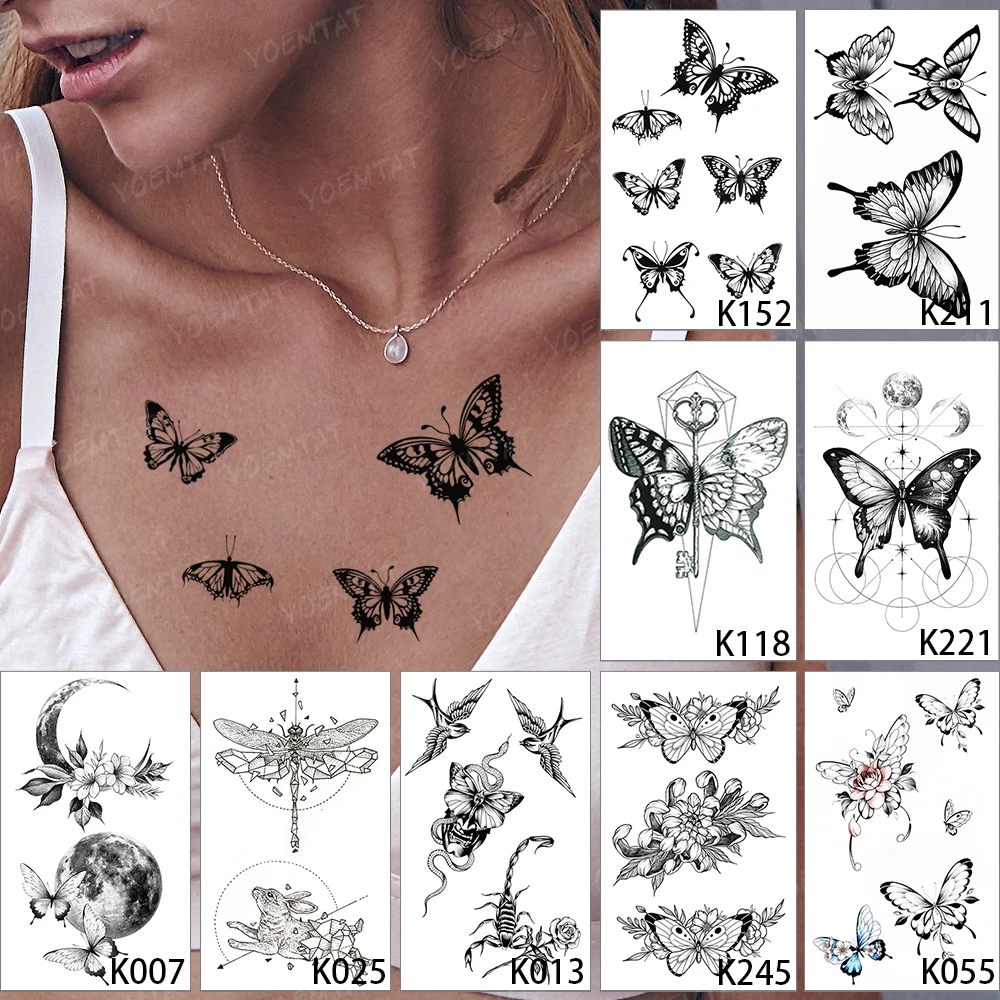 Autocollant de tatouage temporaire imperméable, 9 pièces/lot, faux tatouage 3D homme, serpent noir, démon, pistolet, papillon, Flash, femme, poignet, Art corporel
