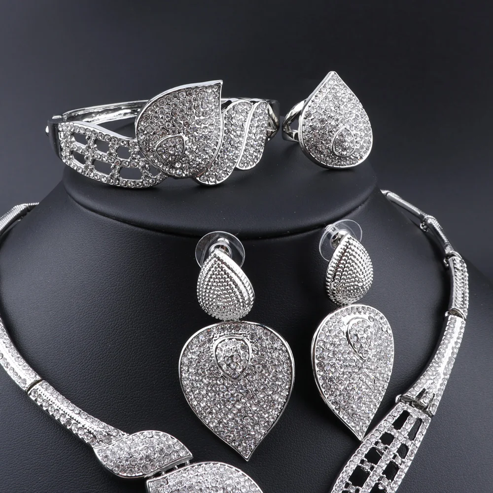 CYNTHIA Dubai African Silver Color Jewelry Sets For Women Bridal Gifts Necklace Earrings Bracelet Ring Set Italy Crystal Gifts ﻿