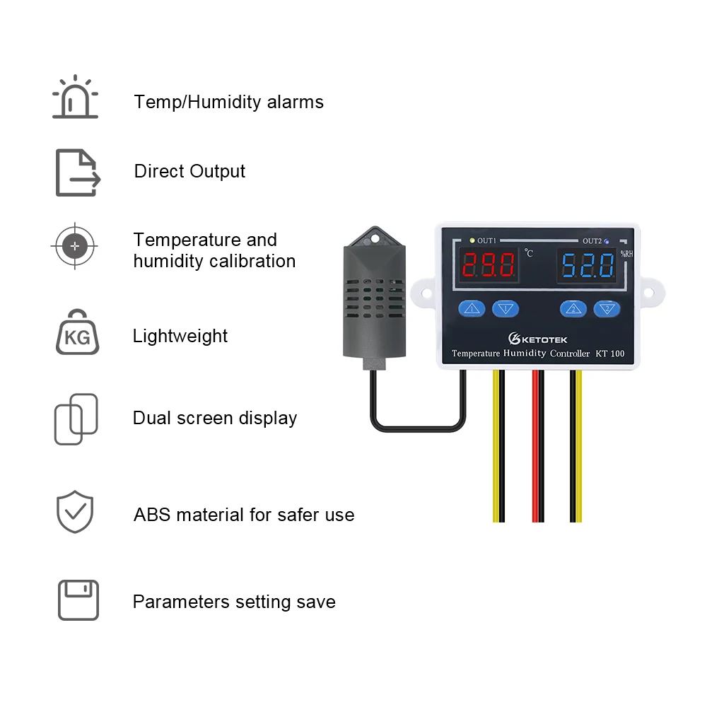 KT100 Digital Thermostat Humidity Controller Egg Incubator Temperature Humidity Controller 10A Direct Output Hygrometer Control