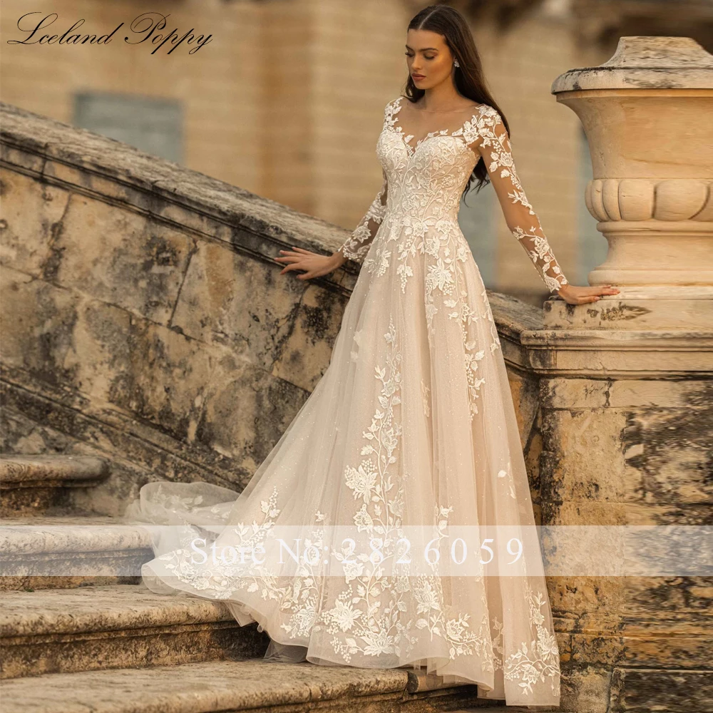 Lceland Poppy Customized A Line Lace Appliques Wedding Dresses Full Sleeves Shiny Tulle Bridal Gowns with Court Train