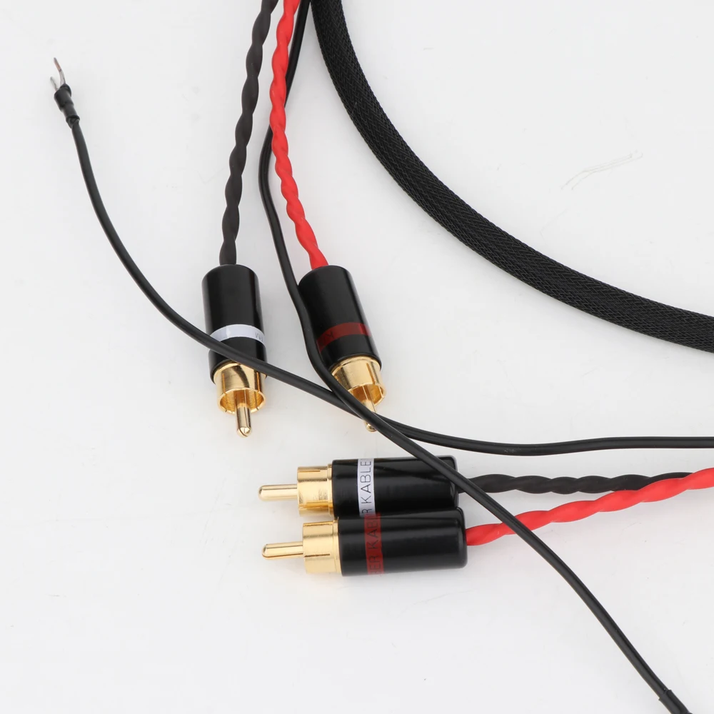 HiFi Audio Phono Tonearm Cable with Ground Wire 2 RCA to 2 RCA Ground U Spade Plug for LP Vinyl Record Player Signal Cable