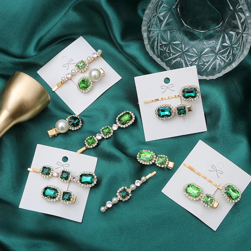 2020 New Green Crystal Hair Clip Hairpins for Women Fashion Simulated Pearl Hair Accessories Set Luxury Wedding Female Ornaments