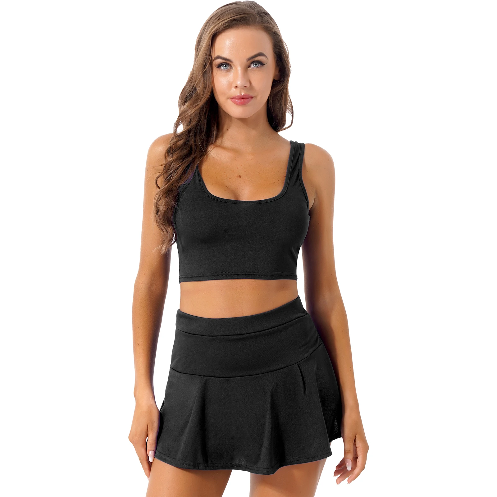 Uniforme da Cheerleader femminile da donna Costume Sexy tinta unita Cheerleader abiti da Tennis senza maniche Crop Top Mini gonne abbigliamento sportivo