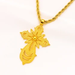 Exaggerate Ethiopian Gold Color Cross Pendant Necklace For Women Elegant Vintage Arab Africa Jewelry Wedding Gifts