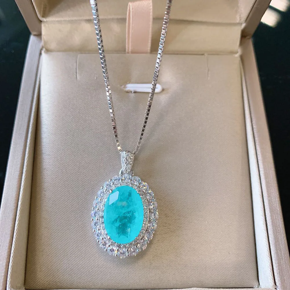 Vintage 100% Solid 925 Sterling Silver Paraiba Tourmaline Gesmtone Pendant/Necklace/Earrings/Ring Fine Jewelry Set for Women