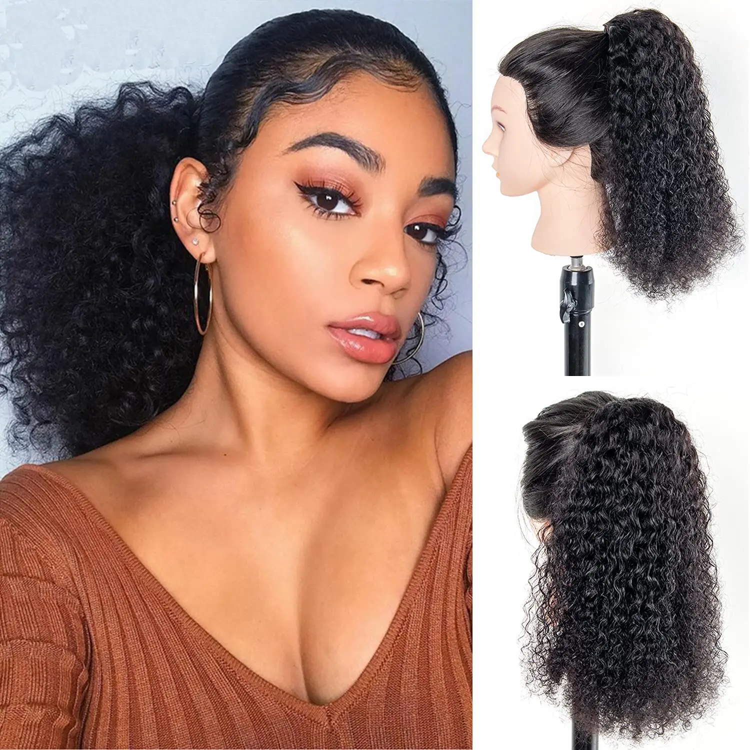 Ponytail Human Hair Malaysian Drawstring Curly Ponytail for Human Natural Hair Woman 100% Remy Curly Wrap Around Ponytail