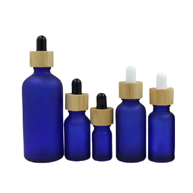 15Pcs Matte Frost Blue Glass Rubber Dropper Bottle 5ml 10ml 15ml 20ml 30ml 50ml 100ml Bamboo Wood Ring Empty Essential Oil Vials