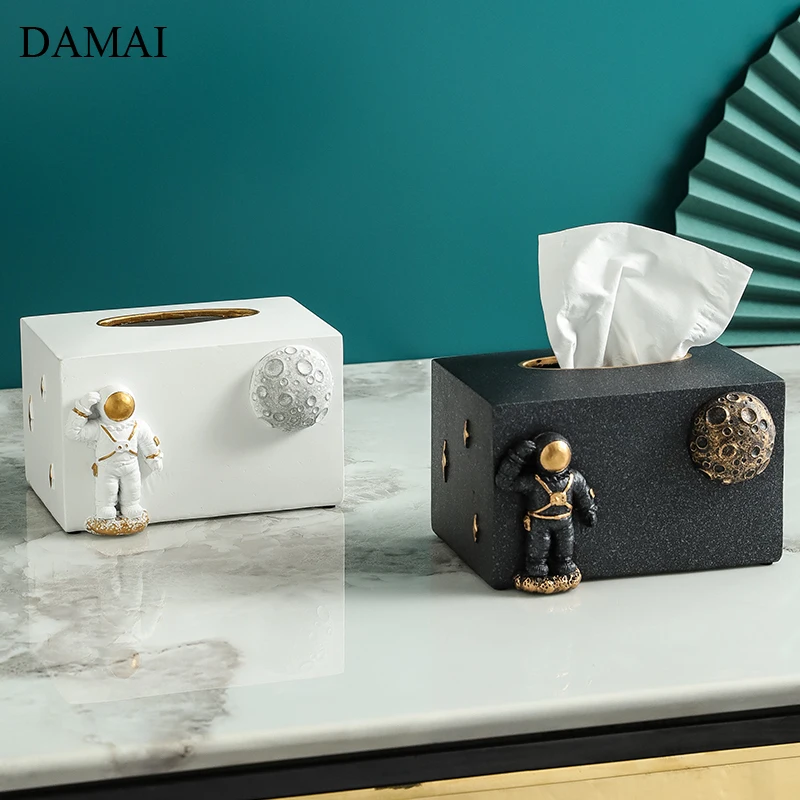 Astronaut Decorative Tissue Boxes Space Moon Resin Napkin Holder Nordic Seat Type Paper Towel Case Home Decoration Storage Box