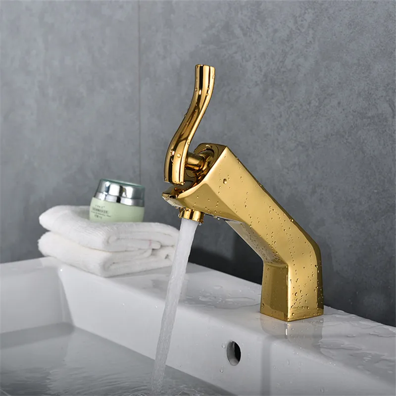 

gold basin faucets brass hot & cold sink mixer single handle bathroom taps deck mounted unique design lavatory crane vessel