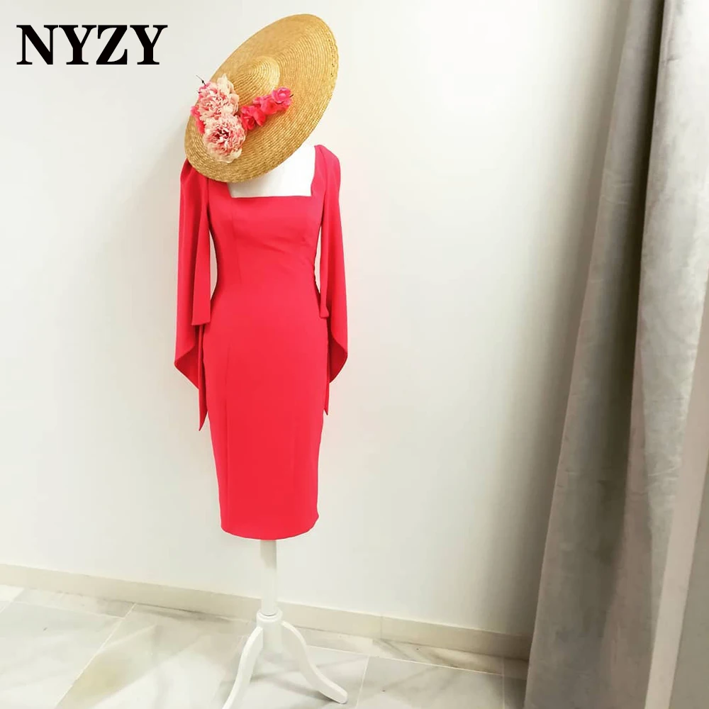 M380 NYZY Cape Long Sleeves Tea Length Mother of the Bride Dresses 2021 Red Wedding Party Dress Evening Gowns Robe de Cocktail