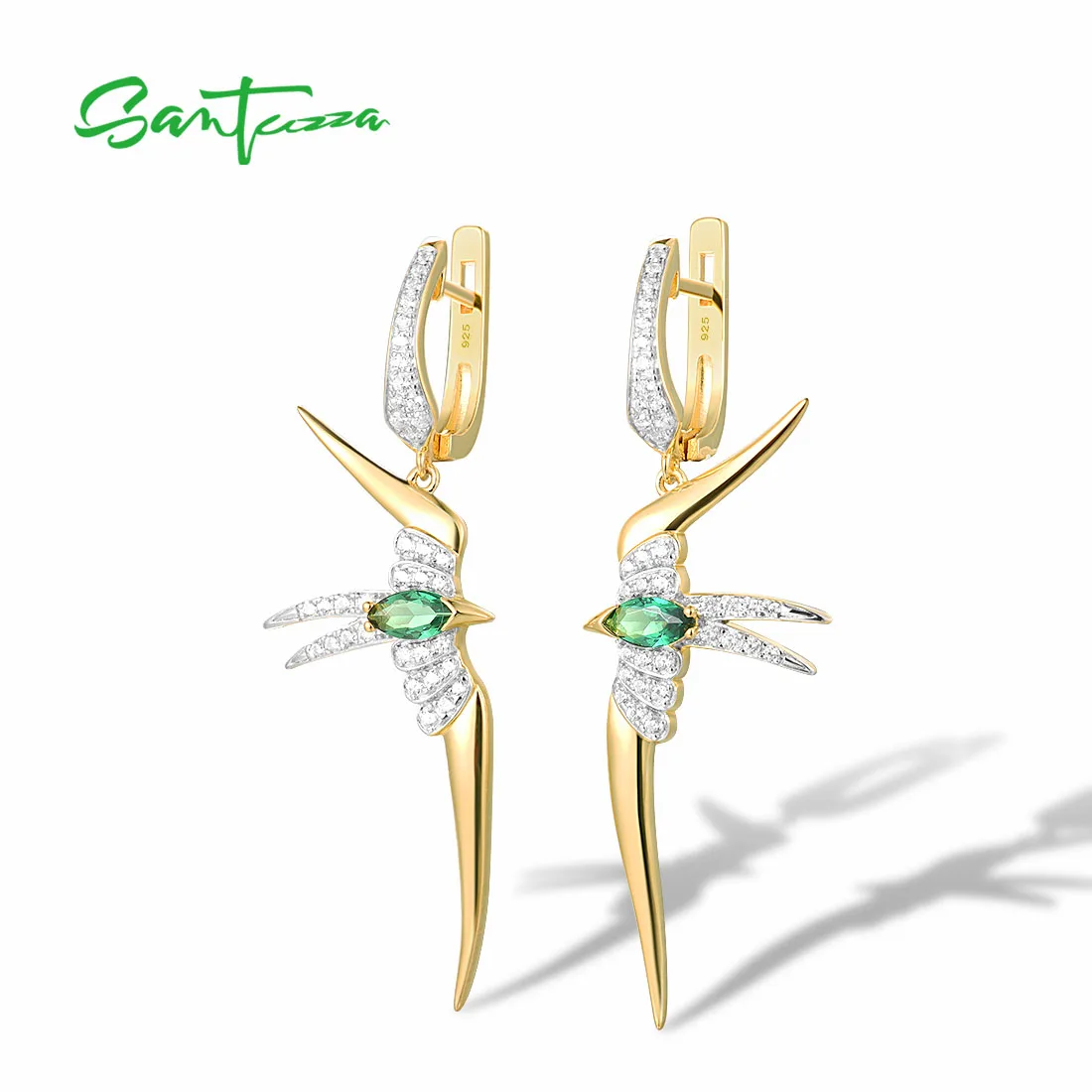 SANTUZZA Silver Earrings For Women 925 Sterling Silver Green Spinel White CZ Gold Color Earrings Swallow Fine Party Gift Jewelry