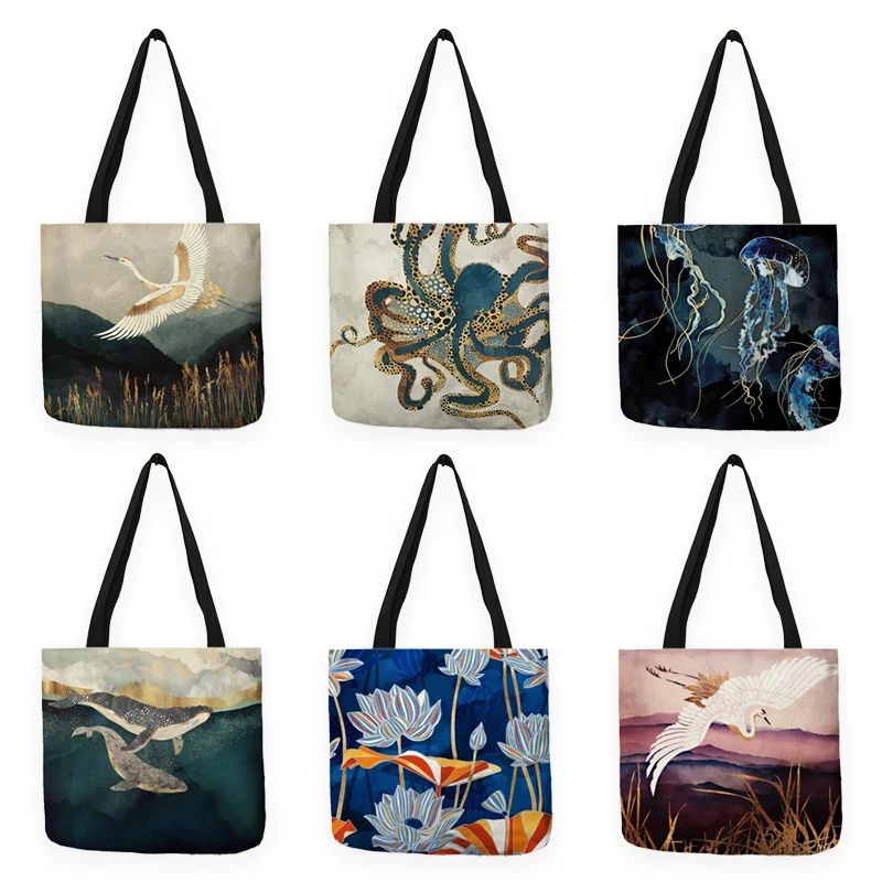 Japanischen Ukiyoe Design Kausalen Frauen Handtasche Kran Designer Tote Tasche Eco Reusable Schulter Einkaufstaschen Für Lebensmittel B13039