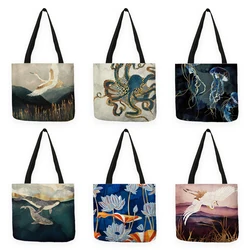 Bolso de mano con diseño japonés Ukiyoe para mujer, bolsa de mano informal de diseño de grúa, bolso de hombro ecológico reutilizable, bolsas de compras para comestibles, B13039