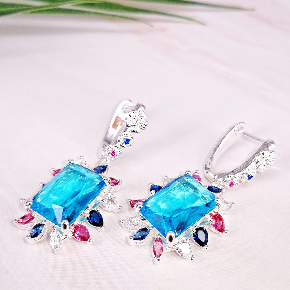 Brass Big Rectangle Blue Dangle Earrings Multi Color Trendy Jewellery Fast shipping Wholesale Drop Earring For Women